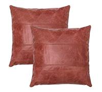 Charlie LONDON Vintage Leather Cushion Covers 16x16 Set of 2 - 100% Genuine Cowhide-Pillow Cushion Coverwith Striped Design - Decorative Accent for Sofa- Zip Closure (2, Pink)