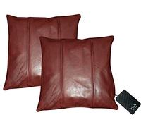 Charlie LONDON Vintage Leather Cushion Covers 16x16 Set of 2 - 100% Genuine Cowhide-Pillow Cushion Coverwith Striped Design - Decorative Accent for Sofa- Zip Closure (2, Red)