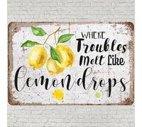 CHARLLR Vintage Metal Tin Sign 8x12, Funny Lemon Quote Wall Art Decor, Where Trouble Melt Like Lemon Drops Poster for Home Living Room Bedroom Kitchen Garden Garage Cafe Bar Pub