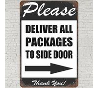 CHARLLR Vintage Metal Tin Sign 8x12, Please Deliver All Packages To Side Door Wall Art Decor, Right Arrow Thank You Package Delivery Poster for Home Living Room Bedroom Kitchen Garden Garage Cafe Bar