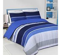 Charlotte Andersen Blue Charcoal Grey Stripe King Duvet Cover, Reversible Easy Care Poly Cotton Bedding With Pillow Cases (BLUE, King)