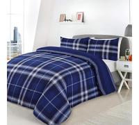 Blue Navy Grey Highland Tartan Check Double Duvet Cover, Reversible Easy Care Poly Cotton Bedding Set With Pillowcases (Blue, Double)