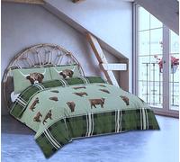Charlotte Andersen Green Highland Cow Super King Duvet Cover Set Reversible PolyCotton Tartan Check Bedding (Super King)