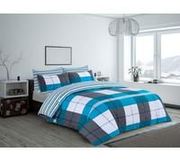 Charlotte Andersen Harrison Large check with a striped Reversible Duvet Quilt Cover and pillowcase/s Bed/Bedding set Cotton Blended King, Teal and Grey