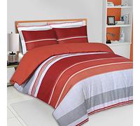 Charlotte Andersen Terracotta Orange Rust Spice Grey Stripe Double Duvet Cover, Reversible Easy Care Poly Cotton Bedding With Pillow Cases (ORANGE, Double)