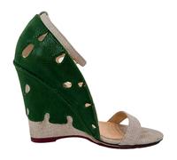 Charlotte Olympia Women's Preloved Leaf Accent Sandal Heels in Green & Beige Raffia | Size: 3