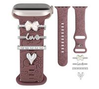 Charm+Band for Apple Watch Band 40mm 41mm 38mm 44mm 45mm 46mm 42mm, Floral Engraved Silicone Sport Strap + Decorative Loops for iWatch Series 11 10 9 8 7 6 5 4 SE/Ultra, A-09-Smoky Purple+Love Bow