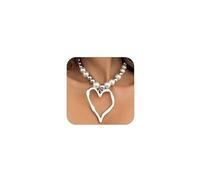 Charm Big Chunky Gold Heart Pearl Beads Necklace for Women, Statement Large Thick Silver Hollow Love Heart Pendant Beaded Chain Choker Necklaces Party Prom Jewelry Gift, L, Metal, No Gemstone