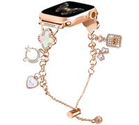 Charm Bracelet Band Compatible with Apple Watch Bands for Women 38/40/41/42/44/45/46/49mm, iWatch Series 10 9 8 7 6 5 4 3 2 1 SE, Bling Diamond Jewelry Metal Strap with Stylish Clover Design (Rose