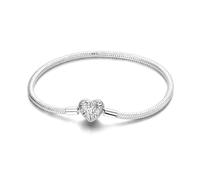 Charm Bracelet for Women Sterling Silver, Heart Clasp Snake Chain Bracelet Travel Charm Moments European Bracelet Jewelry Compatible with Pandora Charms, Gift for Her