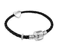 Charm Buddy 19cm Womens Real Braided Leather Starter Charm Bracelet with Silver Heart and Gift Box Birthday Gifts For Her (1. Black)