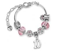Charm Buddy Girls Pink Crystal Birthday Charm Bracelet, Silver Plated | Adjustable silver plated bracelet, 16cm with 5cm heart extender, a gift for a daughter, granddaughter or niece, gift-boxed