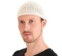 CHARM Casualbox | Knit Cotton Skull Cap | Kufi Islam Prayer Hat | Crochet Mesh Skully Beanie | Men's Headwear for All Seasons White