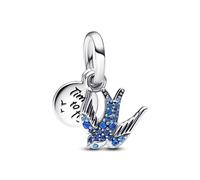 Pandora Moments Swallow sterling silver double dangle with night blue, skylight blue and stellar blue crystal
