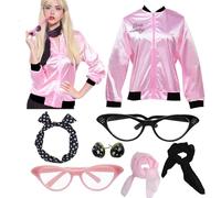 Charm.L Grace Halloween Cosplay: Pink Lady 1950s Retro Costume Jacket with Matching Polka Dot Neck Scarf for Women (Pink Black Border, Large)
