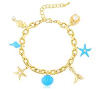 Charm Link Bracelet for Women, Evil Eye Hamsa Horse Horseshoe Fourleaf Clover Travel Airplane Shells Seahorses Starfish Mermaid Tail Conch Pearls Ladybug Mushroom Floret Rose Beads Link Bracelet, L