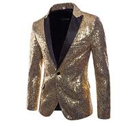 Charm Men's Casual One Button Fit Suit Coat Sequin Party Top (Gold, L)