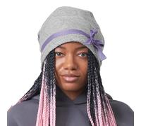 CHARM Organic Cotton-Lined Slouchy Beanie for Women, Loose Acrylic & Wool Spring Toque, Ladies Hats with Ribbon for Fall & Winter, Grey x Light Purple