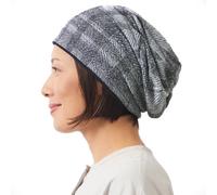 CHARM Organic Cotton Slouchy Beanie - Womens Chemo Hat Japanese Mens Hipster Cap Design Check Grey
