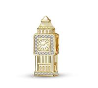 Charm Pendant Big Ben London Watches Tower - Gold-Plated 925 Sterling Silver and Cubic Zirconia Stones - Travel & Architecture Collection - England Union Jack Holiday - Charm Bracelet Jewellery