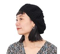 CHARM Womens Mens French Beret Hat - Summer Hand Knitted Ladies Hats 100% Cotton Beanie Berets Crochet Caps Black