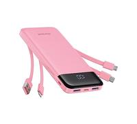 Charmast External Battery 10000 mAh with 4 Integrated Cables Portable Battery USB C Slim Power Bank with 6 Outputs and 3 Inputs for iPhone 12 13 11 Samsung S21 S22 (Pink)