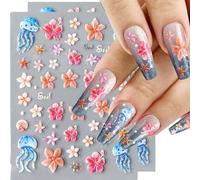 CharmBurst 2-Piece Floral Summer Nail Stickers with Starfish and Pearls, Self-adhesive Nail Decals, Nail Design Accessories for Gel Nails, Trendy Nail Decor