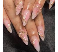 CharmBurst 24 Pieces Pink Press On Nails, Almond Shape False Nails, Stick-On Artificial Nails, French Press Technique Nails 3D Flowers and Golden Branches