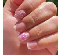 CharmBurst 24 Pieces Press On Nails Short Pink Square Sticky Nails with Floral Pattern French False Nails Fingernails False Nails For Sticking Fake Nails