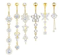CharmBurst 6 Piece Gold Belly Button Piercings, Stainless Steel Dangling, Waterproof Belly Button Rings, Surgical Steel Piercing Jewellery, Trendy Navel Rings