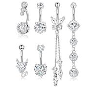 CharmBurst 6 Piece Silver Belly Button Piercing Set Made from Surgical Steel, Featuring Hearts and Butterflies, Easy to Insert and Hypoallergenic, Suitable for Every Style