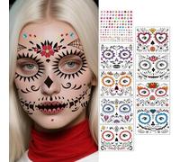 CharmBurst 8 Pieces Halloween Face Tattoos for Adults, Temporary Tattoos with Skull Vampire Designs and 1 Rhinestone Tattoo, Pumpkin Costume Accessories for Cosplay Party