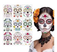 CharmBurst 9 Piece Halloween Face Tattoos Dia De Los Muertos, Temporary Sugar Skull Tattoos for Adults, Skeleton Makeup Mask Stickers, Party Accessories Costume