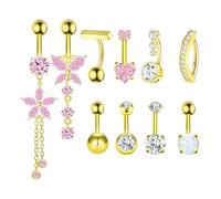 CharmBurst Gold Belly Button Rings, 14G Surgical Steel, Dangling Flower and Heart Design, Pink Opal, Waterproof, Hypoallergenic, Belly Piercing and Navel Jewellery