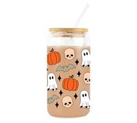 CharmBurst Halloween Glass Mug with Lid and Straw, 16oz Pumpkin Ghost Skull Design, Spooky Iced Coffee Tumbler, Autumn Drinking Glass Gift for Women Teenagers Decor