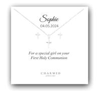 Charmed Jewellery First Holy Communion Cross Stud Earrings & Necklace Gift Set in 925 Sterling Silver | Personalised Communion Gift | Adjustable 16-18" Chain