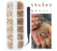 CharmeFleur 1 Box Champagne Gold Nail Art Rhinestones Various Shapes 3D Flat Back Sparkling Crystals Non-Hotfix Nail Gems Stones with Tweezer Picker Pen for Manicure