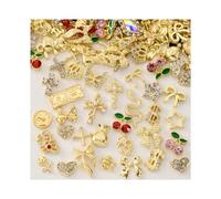 CharmeFleur 100 Pieces Gold Nail Charms and Gems Decorations for Nail Design, Metal Bow, Cherry, Butterfly, Cross, Heart, Star and