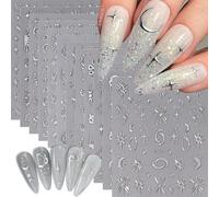 CharmeFleur 12 Sheets Nail Stickers Silver Stars Moon Self-Adhesive Snakes