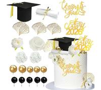 CharmeFleur 21Pcs Graduation Cake Toppers Flower Cap Cake Decorations Set Vintage 2026 Graduate Party Supplies