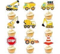 CharmeFleur 27 Pcs Construction Site Cupcake Decoration Dump Truck Tractor Stop Sign Part Cake Decor For Construction Theme Kids Birthday Decor Baby Shower Birthday Sign