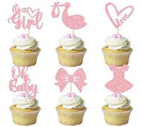 CharmeFleur 30 Pcs Oh Baby Cupcake Toppers It's a Girl Cupcake Toppers with Bow Dress Heart Pink Glitter Cake Decorations for Baby Shower Girls