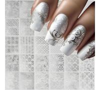 CharmeFleur 30 Sheets Silver Lace Nail Stickers for Flower Nail Art 3D Self-Adhesive Nail Pictures Silver Hollow Retro Floral Vine Nail Art Sticker Design Lace Flower