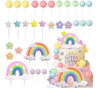 CharmeFleur 38 PCS Rainbow Cake Decorations Rainbow Theme Party Supplies Boho Pastel Balloon Cake Decor