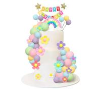 CharmeFleur 39 Piece Pastel Coloured Balls Cake Decoration Daisy Flower Cupcake Decor Boho Rainbow Cake Topper With Happy Birthday Banner For 70s Groovy Hippie