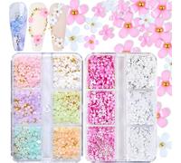 CharmeFleur 3D Flower Nail Charm 2 Boxes 3D Acrylic Flower Nail Art Charm and Stones White Pink Mixed Cherry Blossom Spring Rhinestones Acrylic Nail Accessories with