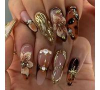 CharmeFleur 3D Handmade Stickers-Brown Almond False Nails with 3D Flower Cross Designs, Medium Length, French Style Stick-on Nails, Glossy Fake Nails, 24 Pieces