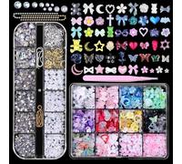 CharmeFleur 3D Nail Charm Set Colourful Flower Bow Moon Heart Star Nail Design Charms Semi-Round Pearls and Flat Stones AB Hollow Butterfly Alloy Nail Design