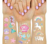 CharmeFleur 4 Sheets Mermaid and Rainbow Temporary Tattoos - 102 Iridescent Foil Styles | Kids' Birthday Items, Sea Creature Gifts, Unicorn Birthday Decorations, Ocean Animals
