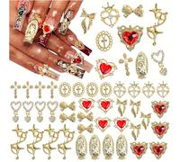 CharmeFleur 40 Pieces Gold Nail Charms for Acrylic Nails, Mixed Styles Shiny Pearl Alloy Nail Cross Butterfly Bow Heart Star Charms for Women's Nail Art